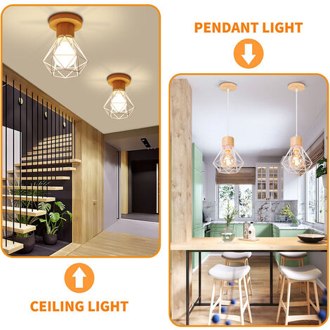 2PCS Lustre Suspension Cage Diamant en Métal E27 Plafonnier Luminaire en Bois Blanc