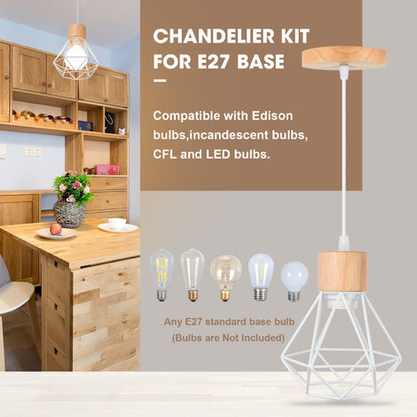2PCS Lustre Suspension Cage Diamant en Métal E27 Plafonnier Luminaire en Bois Blanc