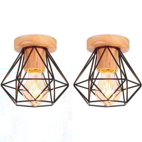 Lot de 2 Plafonnier Vintage Rétro E27 Lampe de Plafond Cage Diamant en Bois et Fer Noir