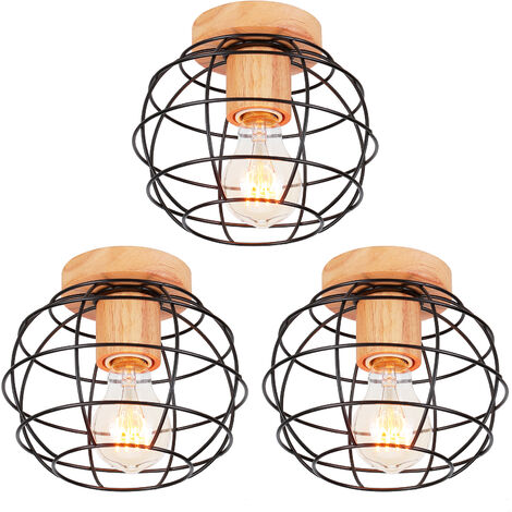 3 Pack Plafonnier Vintage Rétro Luminaire Industrielle en Métal et Bois E27 40W Noir (1/5)