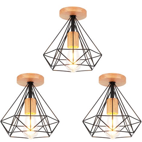 3PCS Rétro Plafonnier Industrielle E27 25cm Lampe Plafonnier en Métal et Bois Noir