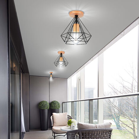 3PCS Rétro Plafonnier Industrielle E27 25cm Lampe Plafonnier en Métal et Bois Noir