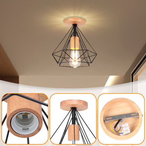 3PCS Rétro Plafonnier Industrielle E27 25cm Lampe Plafonnier en Métal et Bois Noir