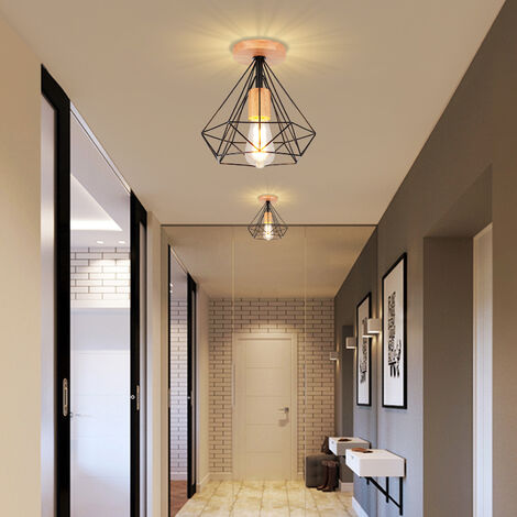 Rétro Plafonnier Industrielle E27 25cm Lampe Plafonnier en Métal et Bois Noir
