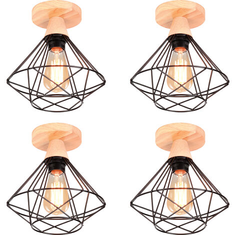Lot de 4 Plafonnier Industriel en Métal et Bois Design Rétro Luminaire pour Escalier Couloir Entrée Noir (1/5)