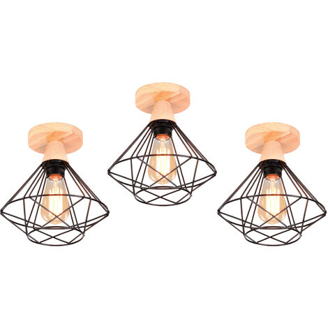 3PCS Plafonnier Industriel en Métal et Bois Design Rétro Luminaire pour Escalier Couloir Entrée Noir (1/5)