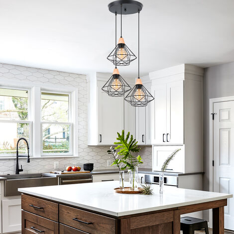Suspension 3 Lampes Lustre Plafonnier Industrielle Cage en Métal E27 40W Noir
