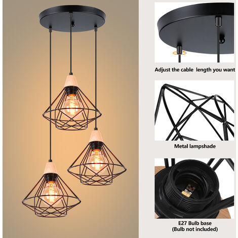 Suspension 3 Lampes Lustre Plafonnier Industrielle Cage en Métal E27 40W Noir