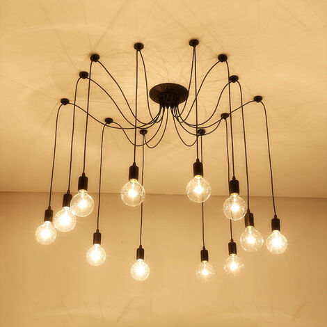 Lustre Araignée E27 Douille Rétro Suspension DIY Luminaire Noir, Ajustable Longueur avec 2M Fil, 12 Bras