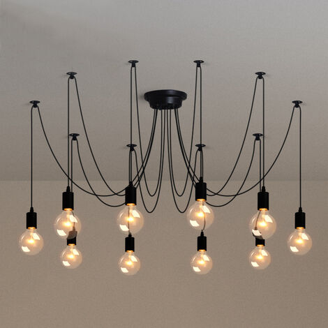 Lustre Araignée E27 Douille Rétro Suspension DIY Luminaire Noir, Ajustable Longueur avec 2M Fil, 12 Bras