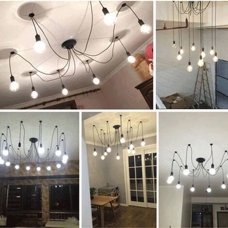 Lustre Araignée E27 Douille Rétro Suspension DIY Luminaire Noir, Ajustable Longueur avec 2M Fil, 12 Bras
