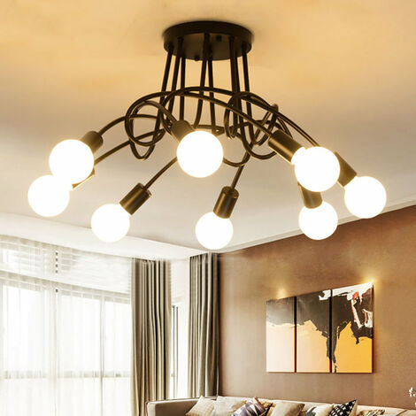 Plafonnier Industrielle Rétro en Métal Lustre Abat-jour E27 Luminaire Moderne pour Salon Chambre Salle à Manger 8 Tête Noir