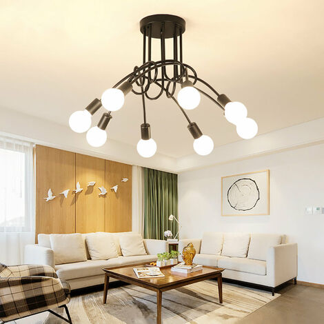 Plafonnier Industrielle Rétro en Métal Lustre Abat-jour E27 Luminaire Moderne pour Salon Chambre Salle à Manger 8 Tête Noir