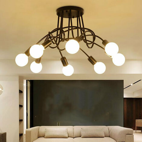 Plafonnier Industrielle Rétro en Métal Lustre Abat-jour E27 Luminaire Moderne pour Salon Chambre Salle à Manger 8 Tête Noir