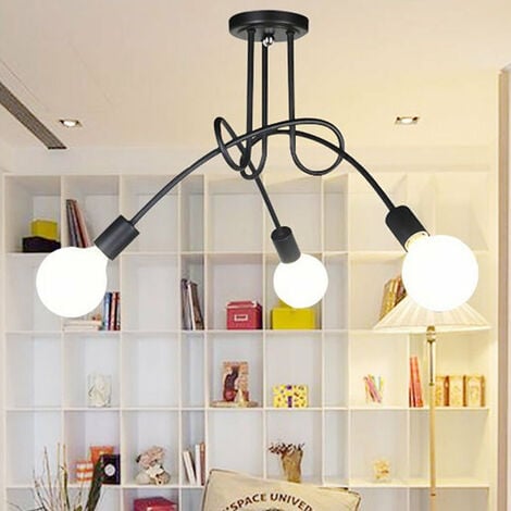 Plafonnier Industrielle Rétro en Métal Lustre Abat-jour E27 Luminaire Moderne pour Salon Chambre Salle à Manger 3 Tête Noir