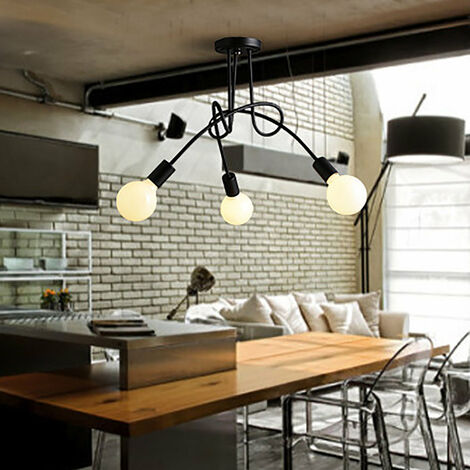 Plafonnier Industrielle Rétro en Métal Lustre Abat-jour E27 Luminaire Moderne pour Salon Chambre Salle à Manger 3 Tête Noir