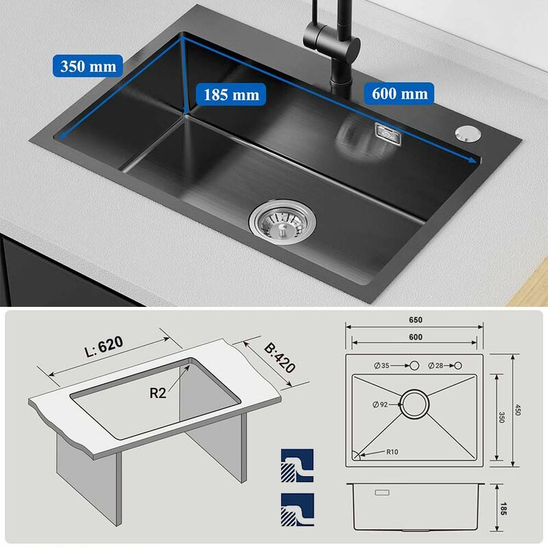 Auralum Lavello da Cucina Vasca Singola in Acciaio Inox, 65x45cm Lavandino  Cucina Incasso con Sifone set, Da appoggio o filotop, Senza Piombo,  Protezione Ambientale, Grigio Scuro