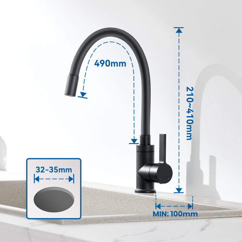 Rubinetto Cucina Nero Con Beccuccio Alto 360&deg; - Miscelatore Per Lavello, Risparmio Idrico, Lega Di Zinco Senza Piombo