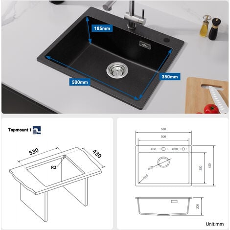 Auralum 55 x 45 cm Lavello da Cucina 1 Vasca in granite Nero, Lavandino Cucina Quadrato Lavello da banco, con Troppopieno e Sifone, Protezione Ambientale