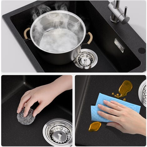 Auralum 55 x 45 cm Lavello da Cucina 1 Vasca in granite Nero, Lavandino Cucina Quadrato Lavello da banco, con Troppopieno e Sifone, Protezione Ambientale