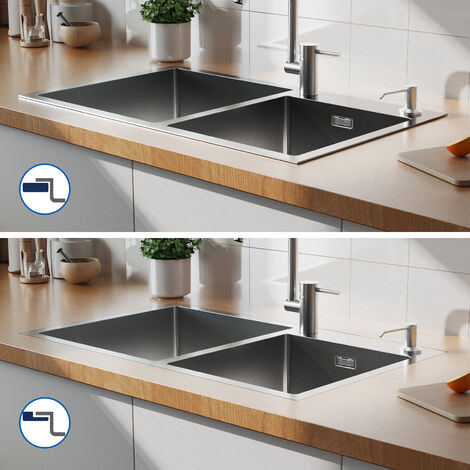 75x45cm Lavello Incasso 2 vasche Acciaio Inox Lavello da Cucina Lavandino Cucina con dispenser per sapone 300 ml, Troppopieno e Sifone