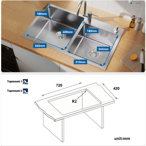 75x45cm Lavello Incasso 2 vasche Acciaio Inox Lavello da Cucina Lavandino Cucina con dispenser per sapone 300 ml, Troppopieno e Sifone