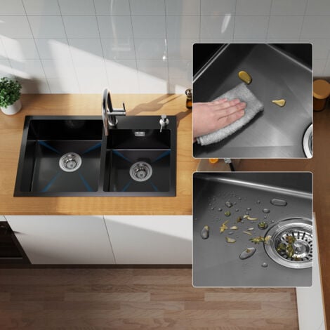 Lavello da Cucina Grigio scuro 75x45 cm Lavello Incasso 2 vasca in Acciaio Inox Lavandino Cucina con dispenser per sapone 300 ml, Troppopieno e Sifone