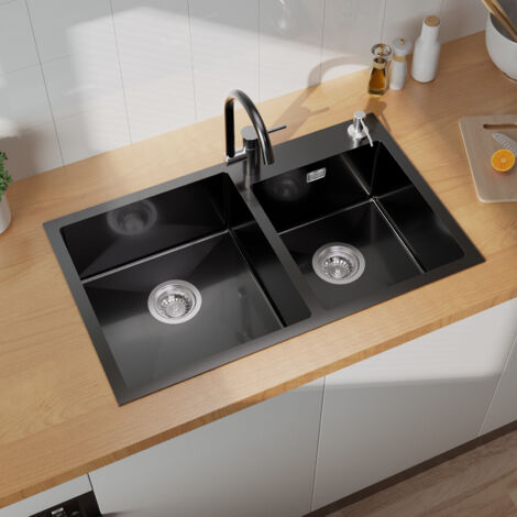 Lavello da Cucina Lavandino Cucina 75x45cm Lavorato a Mano Acciaio Inox, Lavello Incasso 2 vasche con dispenser per sapone 300 ml e Set per sifone