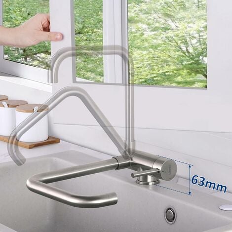 Rubinetto Cucina Sottofinestra, Lonheo Rubinetto Abbattibile in Acciaio Inox, Rubinetto Cucina Pieghevole 90 / Girevole 360 con Aeratore Staccabile, 7-Form