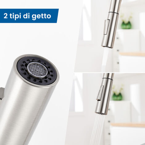 Rubinetto Cucina Estraibile In Acciaio Inox | Doccetta A 360°, 2 Getto, Miscelatore Monocomando Per Lavello Singolo O Doppio