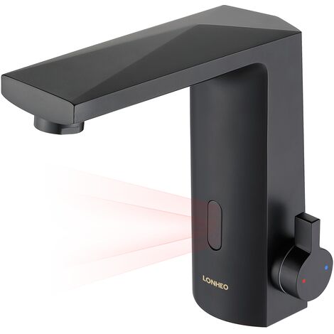 Lonheo Rubinetto a Infrarossi, Rubinetto Miscelatore con Sensore Elettronico Automatico, Rubinetto Bagno Lavabo per lavello funzionamento a batteria, Finitura Nero