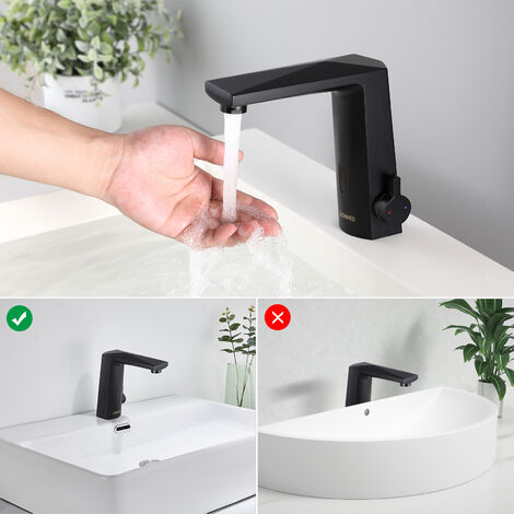 Lonheo Rubinetto a Infrarossi, Rubinetto Miscelatore con Sensore Elettronico Automatico, Rubinetto Bagno Lavabo per lavello funzionamento a batteria, Finitura Nero