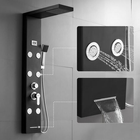 Auralum Pannello idromassaggio Doccia in acciaio inox Nero con soffione doccia e doccia per bagno (Pannello per doccia)