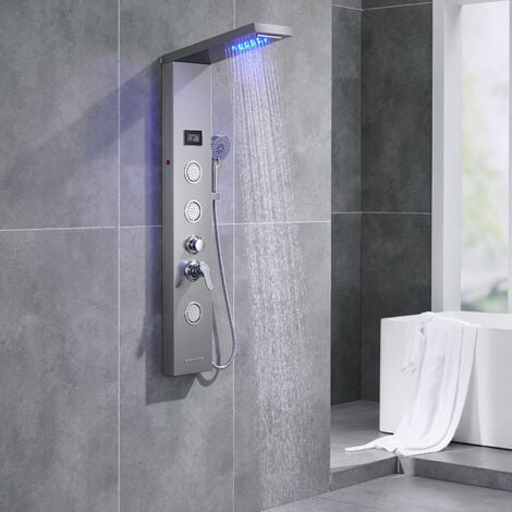 Auralum Colonna Doccia Idromassaggio Pannello Doccia a Pioggia LED soffione doccia Set Acciaio Inox Spazzolato con Indicatore della Temperatura Display LCD