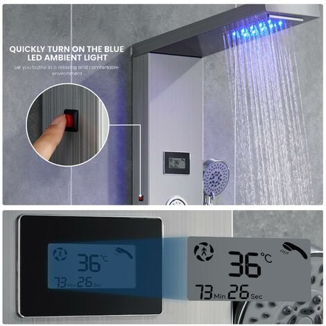 Auralum Colonna Doccia Idromassaggio Pannello Doccia a Pioggia LED soffione doccia Set Acciaio Inox Spazzolato con Indicatore della Temperatura Display LCD