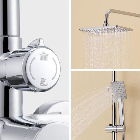 Auralum Colonna Doccia con Miscelatore in ottone, Set de doccia Quadrato a 2 funzioni con Soffione e Doccetta, con Ugelli Anticalcare, Asta doccia regolabile 90-124 cm dopo l'installazione, Cromo