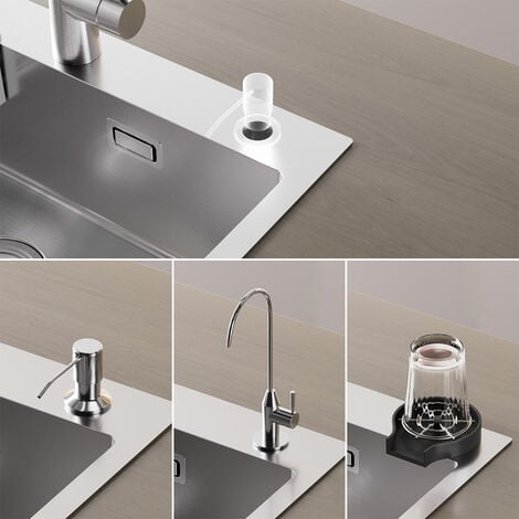 Lavello da Cucina in Acciaio Inossidabile 58 x 45 cm, Auralum Lavandino Cucina 1 Vasca con Dispenser sapone 300ml, Cestello scolapasta pieghevole, sifone e Set di Drenaggio