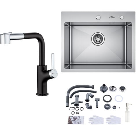 Lavello da Cucina 55x45cm + Estraibile Rubinetto da Cucina + 300ml dispenser di sapone e Sifone, Lavello Incasso in Acciaio Inox, Girevole a 360 Miscelatore Monocomando Cucina