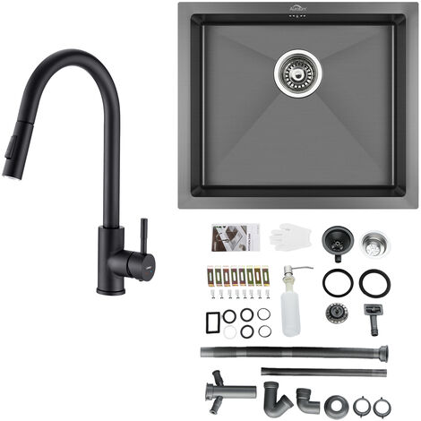 Lavello da Cucina in Acciaio Inox 50x43cm grigio scuro + Estraibile Rubinetto da Cucina + Dispenser di sapone e Sifone, Lavello Incasso o Filotop, Rubinetto Cucina Girevole a 360 Monocomando de Cucina