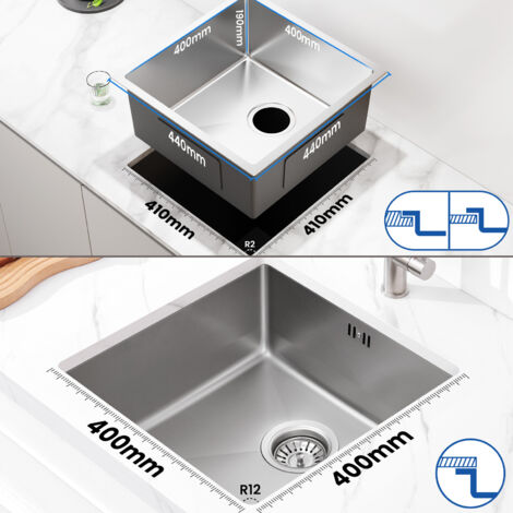 Lavello Cucina Acciaio Inox 44x44 Cm - Lavello Sottopiano 1 Vasca Per Mobile 45 Cm, Con Sifone A V - Foto 4