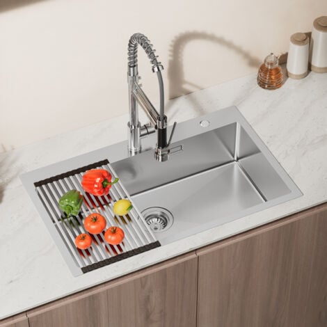Lavello da cucina in acciaio inox 75 x 45 cm, grande lavello da incasso, lavello da cucina per mobili base da 80 cm, incluso set di scarico, Scolapiatti avvolgibile - spazzolato