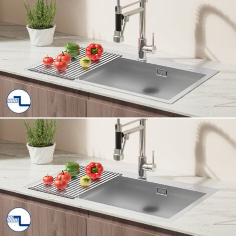 Lavello da cucina in acciaio inox 75 x 45 cm, grande lavello da incasso, lavello da cucina per mobili base da 80 cm, incluso set di scarico, Scolapiatti avvolgibile - spazzolato