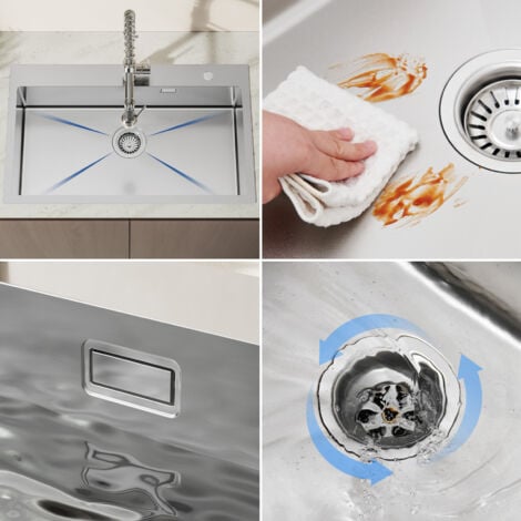 Lavello da cucina in acciaio inox 75 x 45 cm, grande lavello da incasso, lavello da cucina per mobili base da 80 cm, incluso set di scarico, Scolapiatti avvolgibile - spazzolato