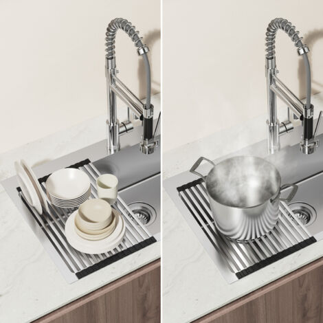 Lavello da cucina in acciaio inox 75 x 45 cm, grande lavello da incasso, lavello da cucina per mobili base da 80 cm, incluso set di scarico, Scolapiatti avvolgibile - spazzolato