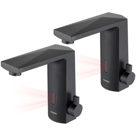 2 PCS Rubinetto Automatico con Sensore ad Infrarossi Miscelatore Acqua Calda e Fredda per Lavabo Bagno, Rubinetto a Infrarossi per lavello funzionamento a batteria, Rombico, Nero