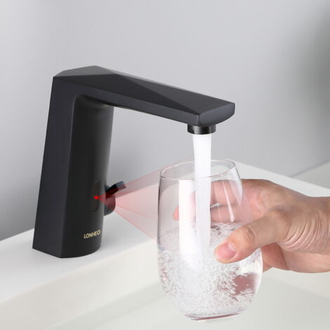 2 PCS Rubinetto Automatico con Sensore ad Infrarossi Miscelatore Acqua Calda e Fredda per Lavabo Bagno, Rubinetto a Infrarossi per lavello funzionamento a batteria, Rombico, Nero