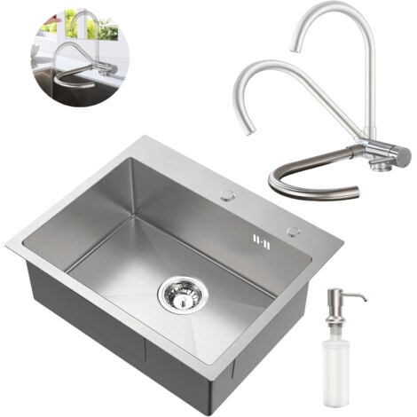 Set lavello + rubinetto da cucina ribaltabile in acciaio inox, 55 × 45 CM Lavello da incasso con dispenser di sapone, rubinetto frontale per lavello, spazzolato