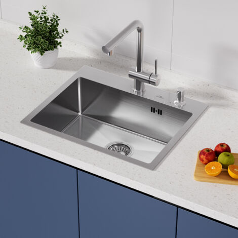 Set lavello + rubinetto da cucina ribaltabile in acciaio inox, 55 × 45 CM Lavello da incasso con dispenser di sapone, rubinetto frontale per lavello, spazzolato