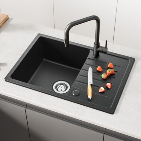 Lavello Cucina 1 Vasca con Gocciolatoio 65 x 45 cm Lavello Cucina Incasso in Quarzo e Resina 1 Vasca Nero Due Direzioni di Installazione
