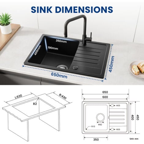 Lavello Cucina 1 Vasca con Gocciolatoio 65 x 45 cm Lavello Cucina Incasso in Quarzo e Resina 1 Vasca Nero Due Direzioni di Installazione